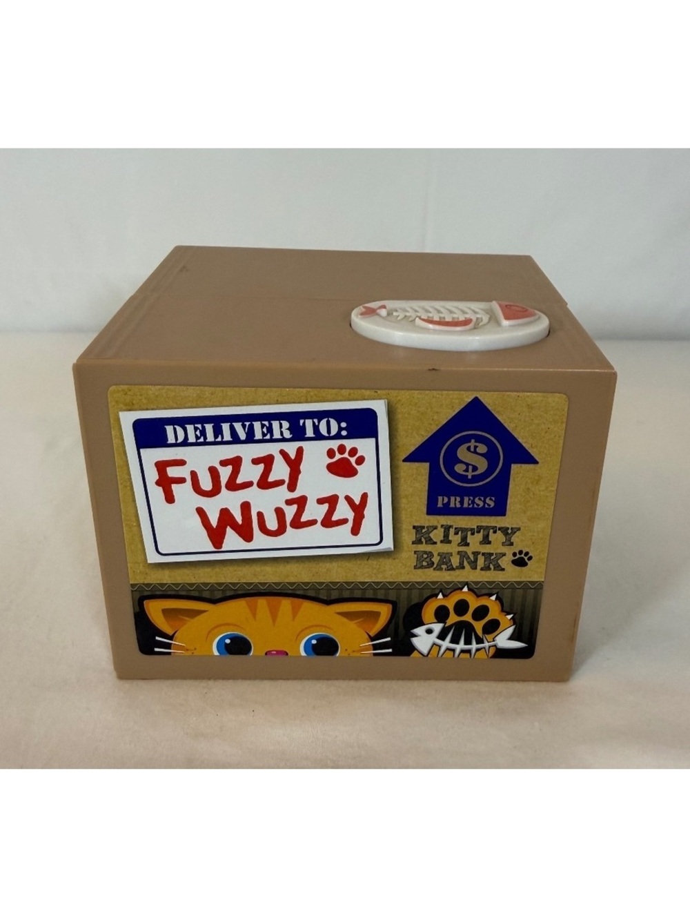 Vintage Fuzzy Wuzzy ThinkGeek Kitty Bank Coin Box Takes AA Batteries
